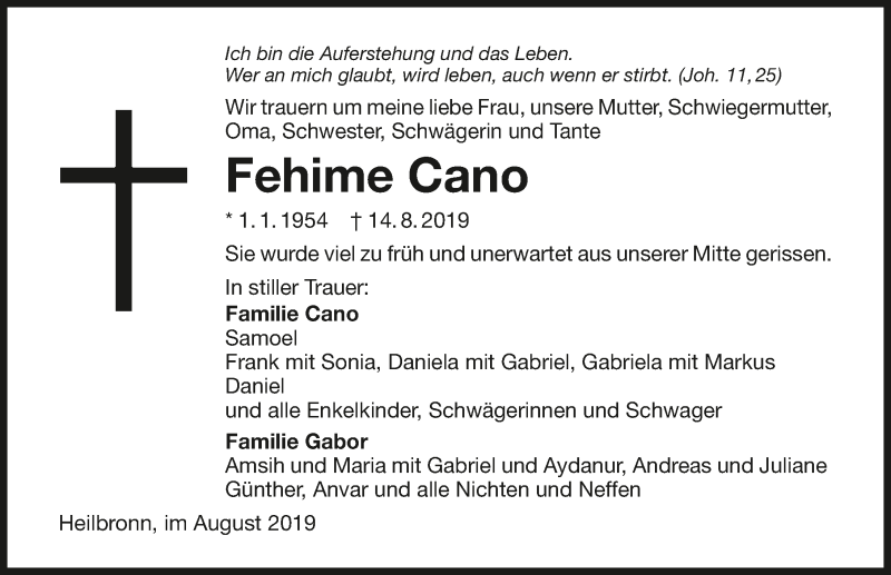  Traueranzeige für Fehime Cano vom 17.08.2019 aus 