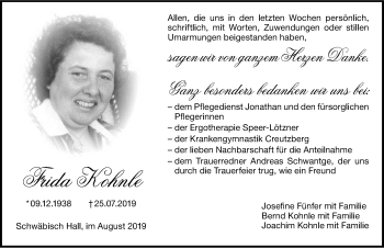 Traueranzeige von Frida Kohnle 