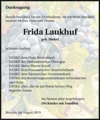 Traueranzeige von Frida Laukhuf 