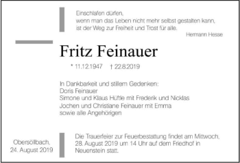 Traueranzeige von Fritz Feinauer 