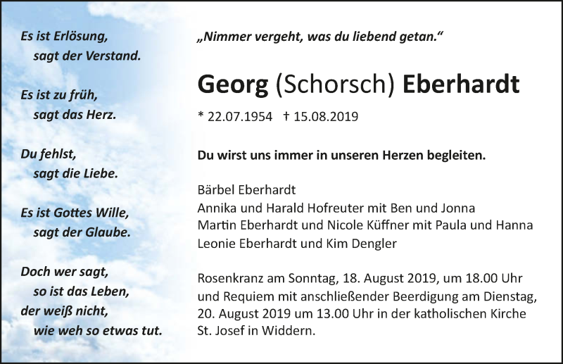  Traueranzeige für Georg Eberhardt vom 17.08.2019 aus 