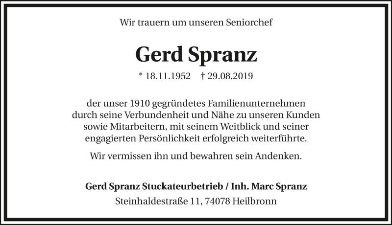  Traueranzeige für Gerd Spranz vom 31.08.2019 aus 