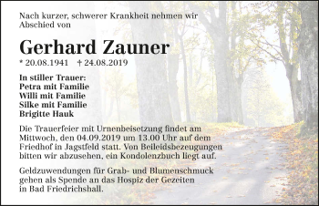 Traueranzeige von Gerhard Zauner 