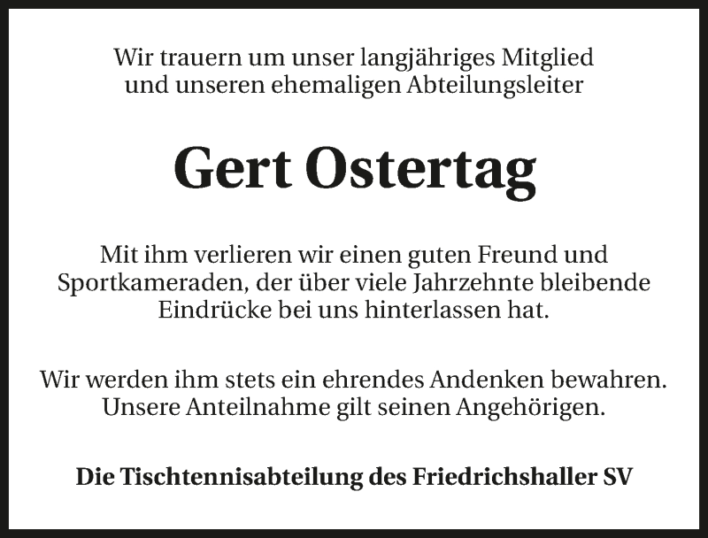  Traueranzeige für Gert Ostertag vom 10.08.2019 aus 