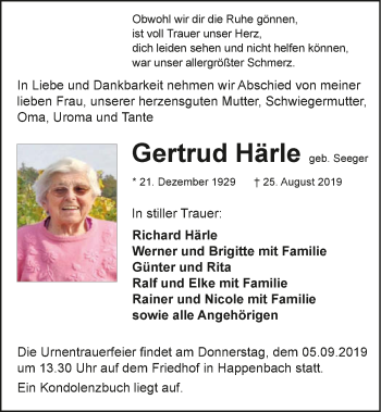 Traueranzeige von Gertrud Härle 