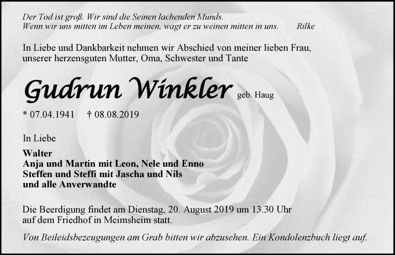  Traueranzeige für Gudrun Winkler vom 14.08.2019 aus 
