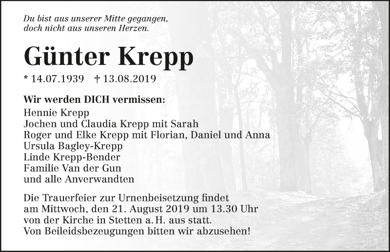  Traueranzeige für Günter Krepp vom 17.08.2019 aus 