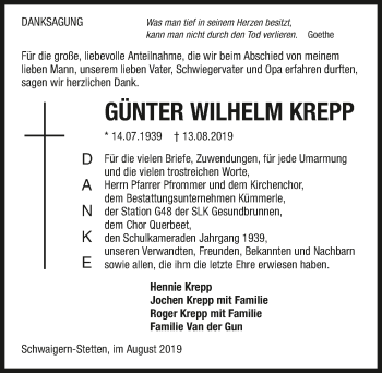 Traueranzeige von Günter Wilhelm Krepp 