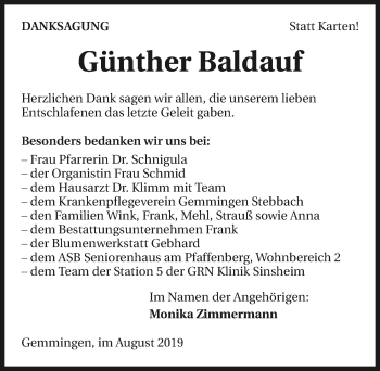 Traueranzeige von Günther Baldauf 