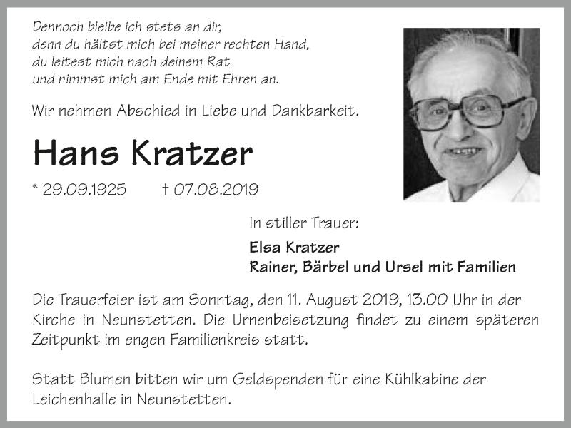  Traueranzeige für Hans Kratzer vom 10.08.2019 aus 