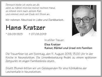 Traueranzeige von Hans Kratzer 