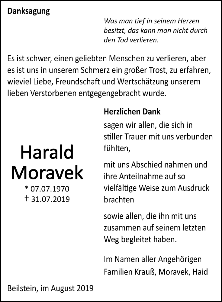  Traueranzeige für Harald Moravek vom 31.08.2019 aus 