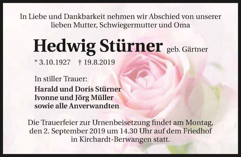  Traueranzeige für Hedwig Stürner vom 28.08.2019 aus 