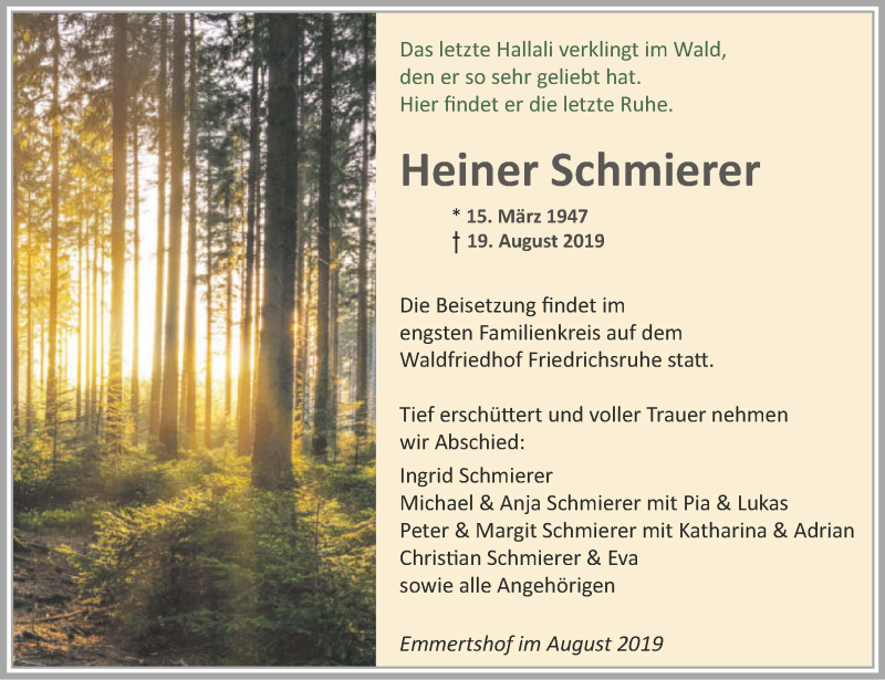  Traueranzeige für Heiner Schmierer vom 24.08.2019 aus 