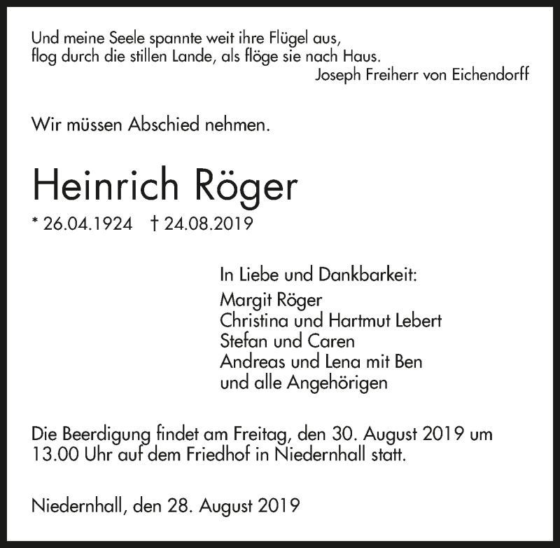  Traueranzeige für Heinrich Röger vom 28.08.2019 aus 