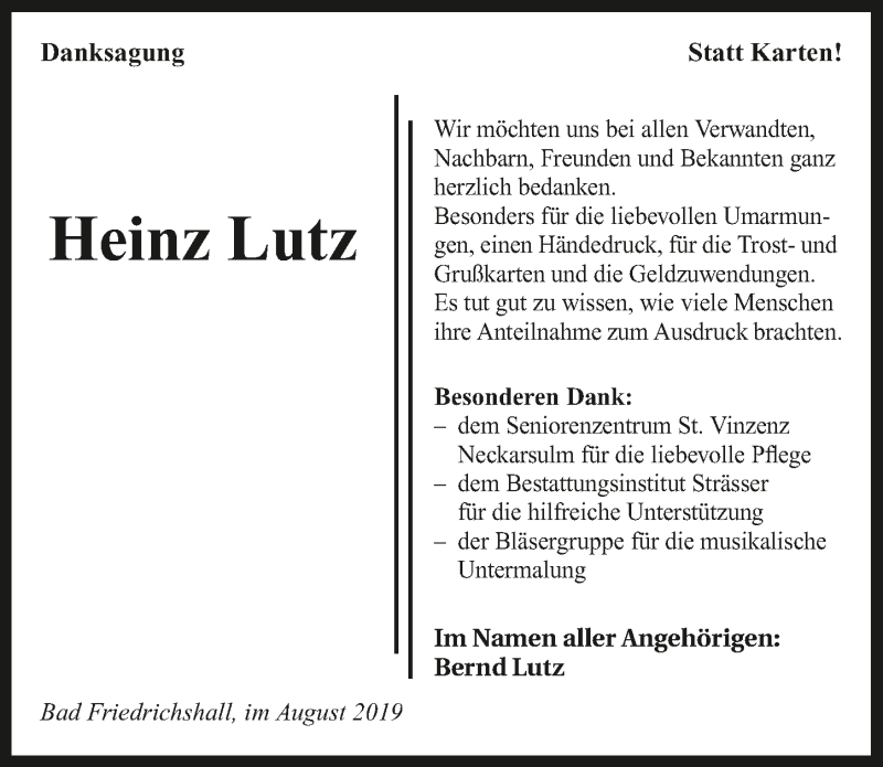  Traueranzeige für Heinz Lutz vom 03.08.2019 aus 