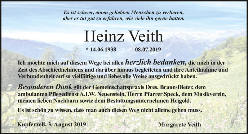  Traueranzeige für Heinz Veith vom 03.08.2019 aus 