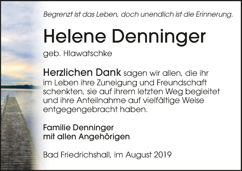  Traueranzeige für Helene Denninger vom 31.08.2019 aus 