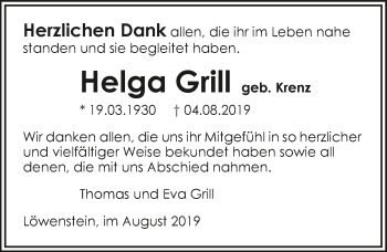 Traueranzeige von Helga Grill 