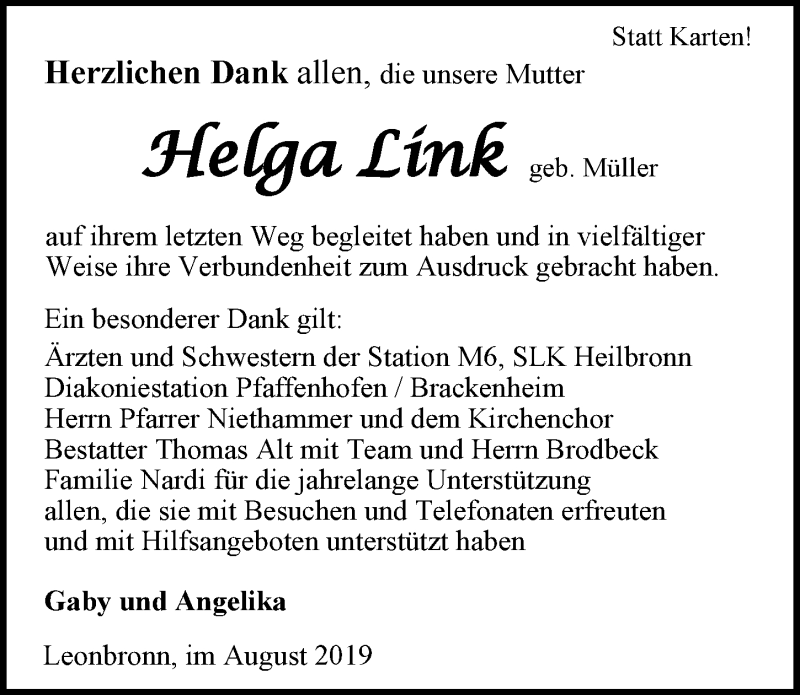  Traueranzeige für Helga Link vom 10.08.2019 aus 