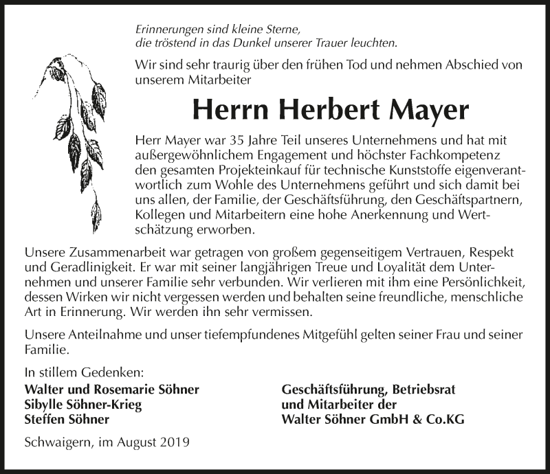 Traueranzeige für Herbert Mayer vom 24.08.2019 aus 