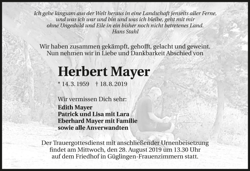  Traueranzeige für Herbert Mayer vom 24.08.2019 aus 