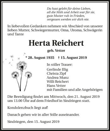 Traueranzeige von Herta Reichert 