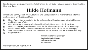 Traueranzeige von Hilde Hofmann 