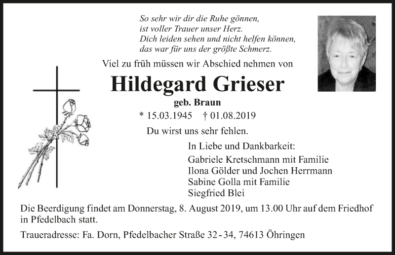  Traueranzeige für Hildegard Grieser vom 03.08.2019 aus 