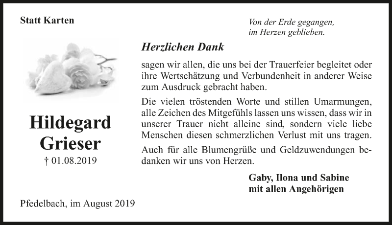  Traueranzeige für Hildegard Grieser vom 24.08.2019 aus 