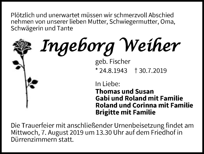  Traueranzeige für Ingeborg Weiher vom 03.08.2019 aus 