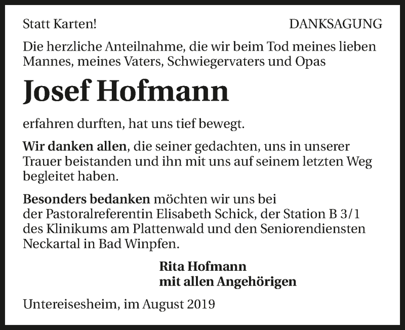  Traueranzeige für Josef Hofmann vom 10.08.2019 aus 