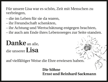 Traueranzeige von Lisa Sackmann 