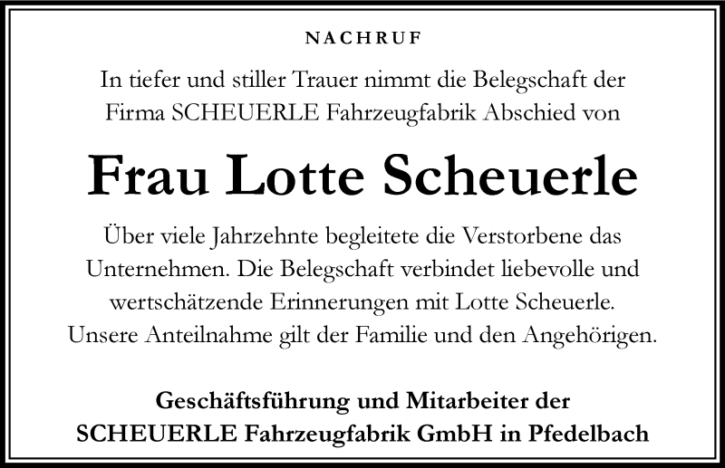  Traueranzeige für Lotte Scheuerle vom 17.08.2019 aus 