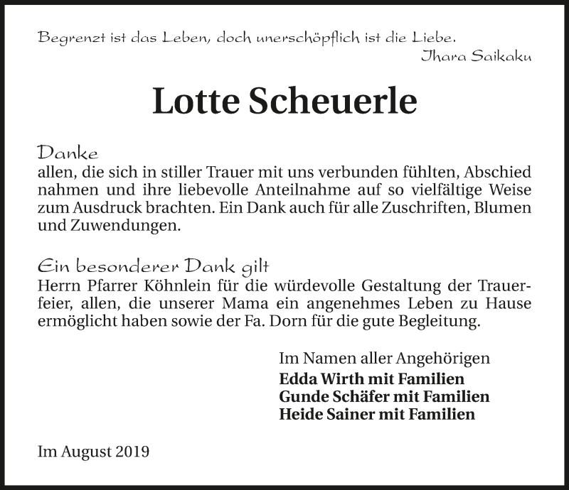  Traueranzeige für Lotte Scheuerle vom 17.08.2019 aus 