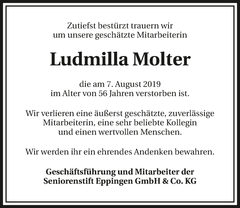  Traueranzeige für Ludmilla Molter vom 28.08.2019 aus 