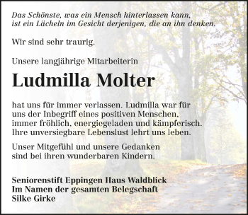 Traueranzeige von Ludmilla Molter 