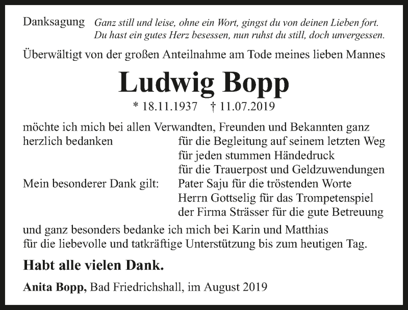  Traueranzeige für Ludwig Bopp vom 10.08.2019 aus 