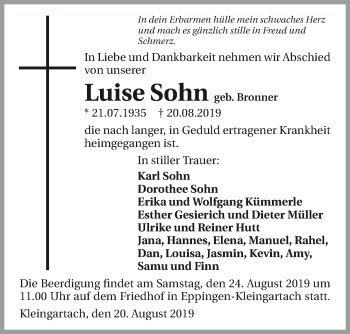Traueranzeige von Luise Sohn 