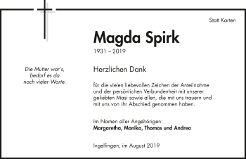 Traueranzeige von Magda Spirk 