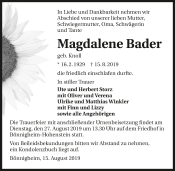 Traueranzeige von Magdalene Bader 
