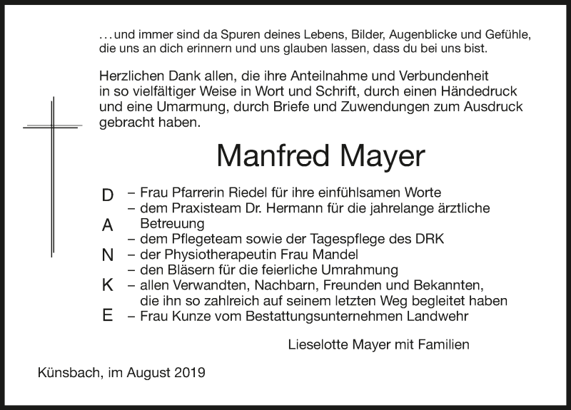  Traueranzeige für Manfred Mayer vom 31.08.2019 aus 