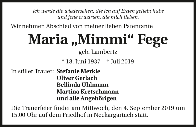  Traueranzeige für Maria Fege vom 31.08.2019 aus 