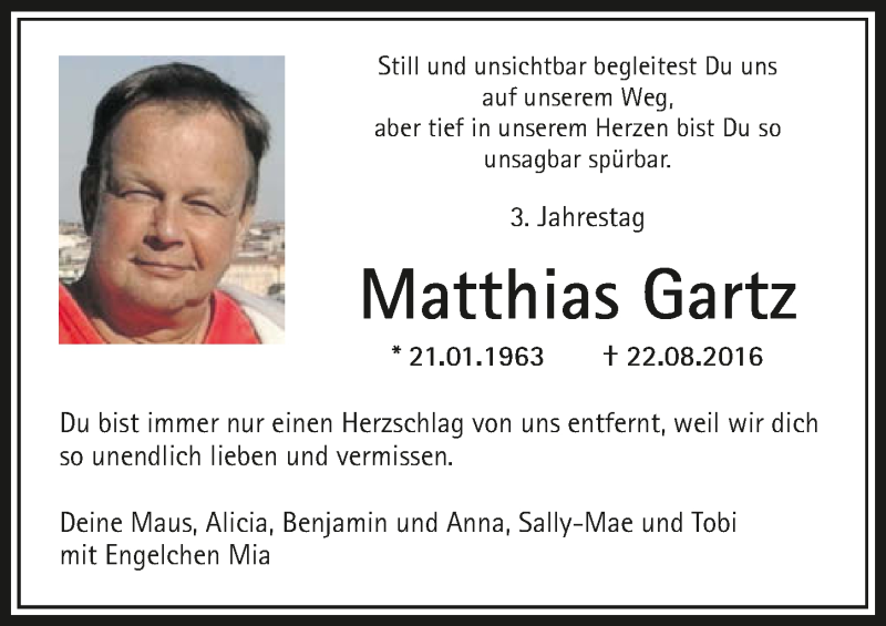  Traueranzeige für Matthias Gartz vom 22.08.2019 aus 