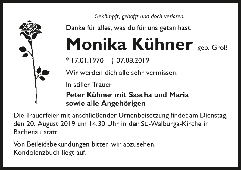  Traueranzeige für Monika Kühner vom 17.08.2019 aus 
