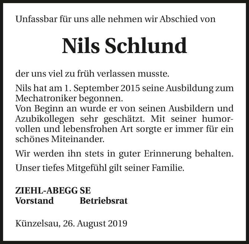  Traueranzeige für Nils Schlund vom 27.08.2019 aus 