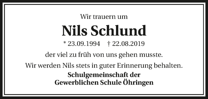  Traueranzeige für Nils Schlund vom 29.08.2019 aus 