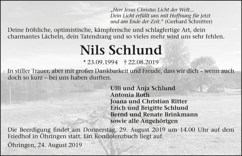  Traueranzeige für Nils Schlund vom 24.08.2019 aus 