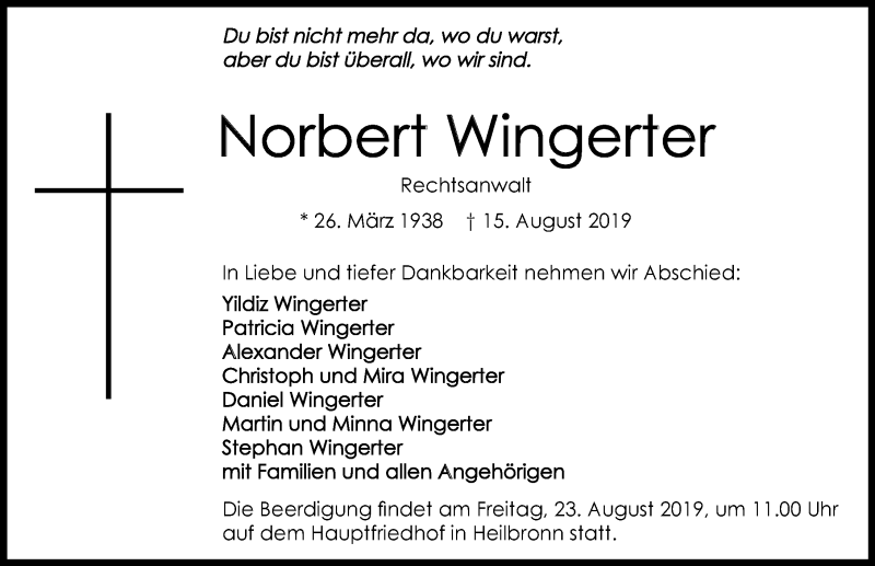  Traueranzeige für Norbert Wingerter vom 17.08.2019 aus 