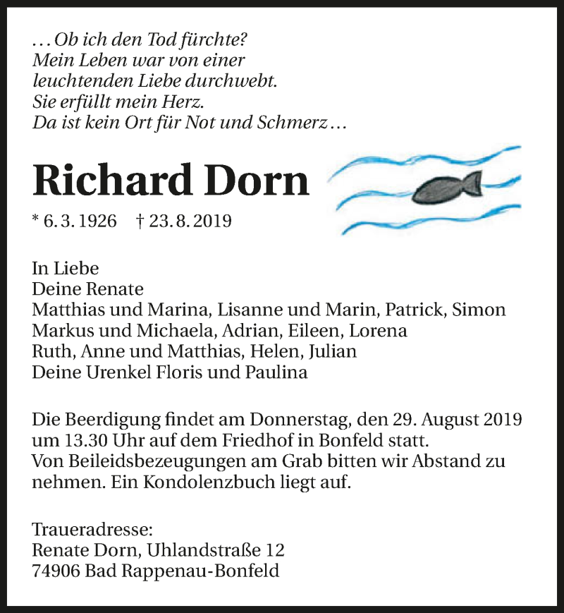  Traueranzeige für Richard Dorn vom 27.08.2019 aus 
